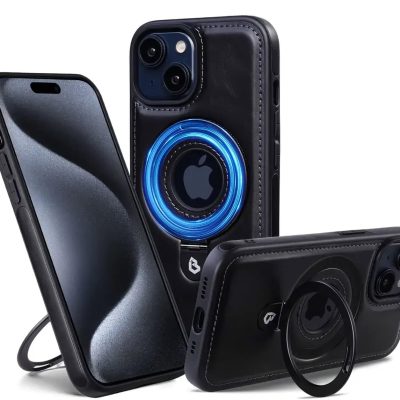 Sleek black magnetic iPhone case with ring holder and kickstand, compatible with wireless charging for Apple iPhone 13, 12, and 11, offering stylish protection and convenient hands-free use.
