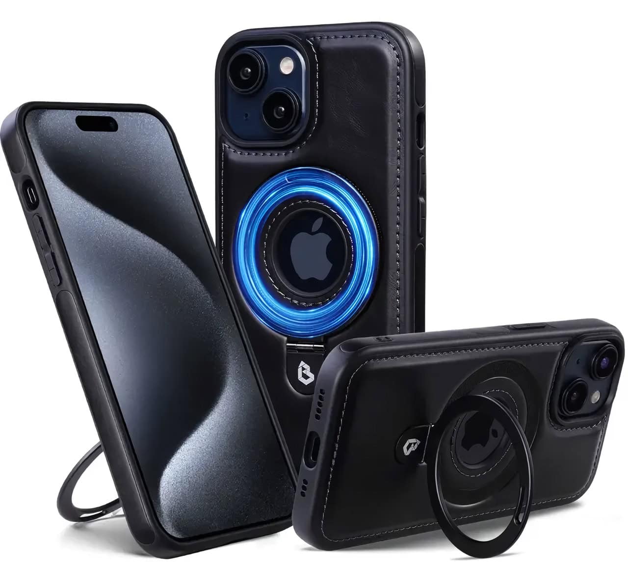 Sleek black magnetic iPhone case with ring holder and kickstand, compatible with wireless charging for Apple iPhone 13, 12, and 11, offering stylish protection and convenient hands-free use.