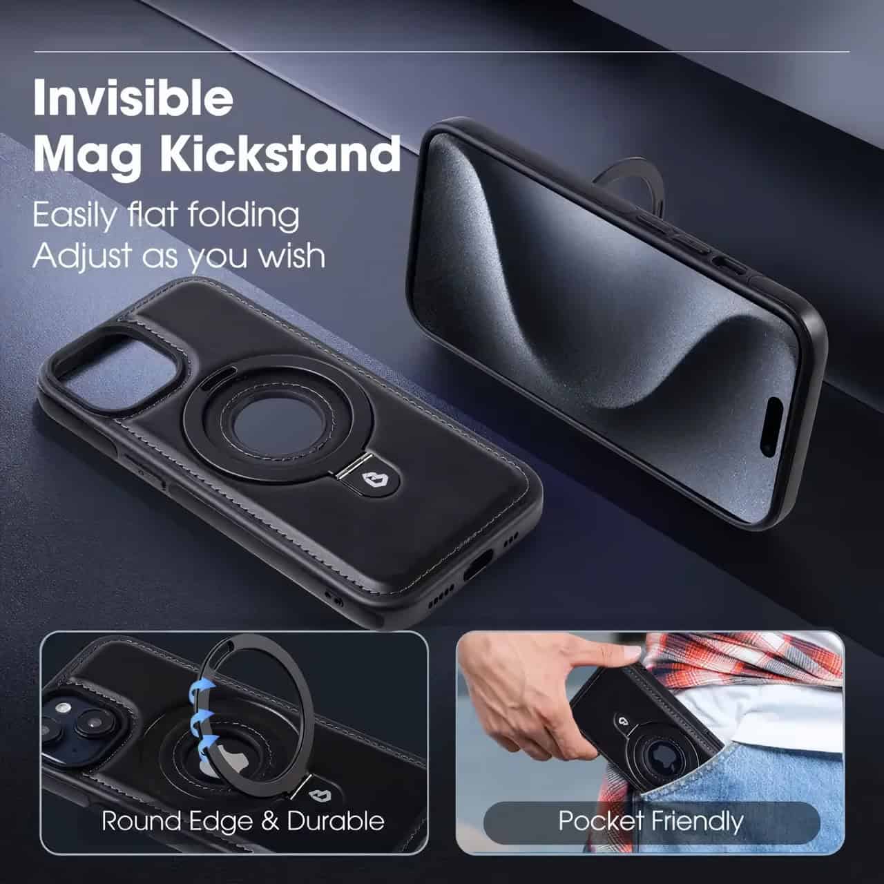 High-quality phone case with discreet built-in kickstand, allowing hands-free viewing and easy adjustment for the best angle, perfect for mobile device protection.