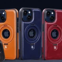 Bright orange, sleek blue, and elegant red iPhone cases featuring durable leather material with camera lens cutouts.