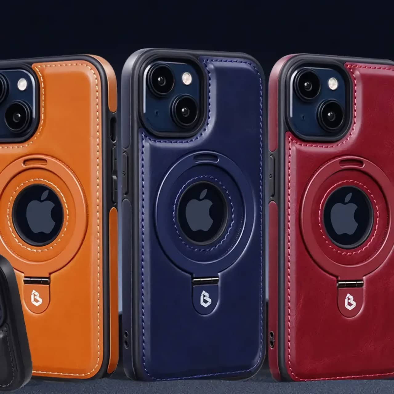 Bright orange, sleek blue, and elegant red iPhone cases featuring durable leather material with camera lens cutouts.