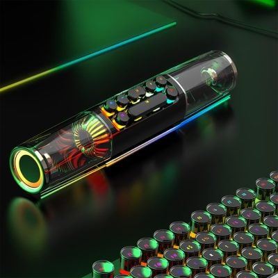 A sleek, innovative gaming console with colorful LED lights and a transparent design, perfect for gaming enthusiasts seeking advanced technology and immersive experiences.