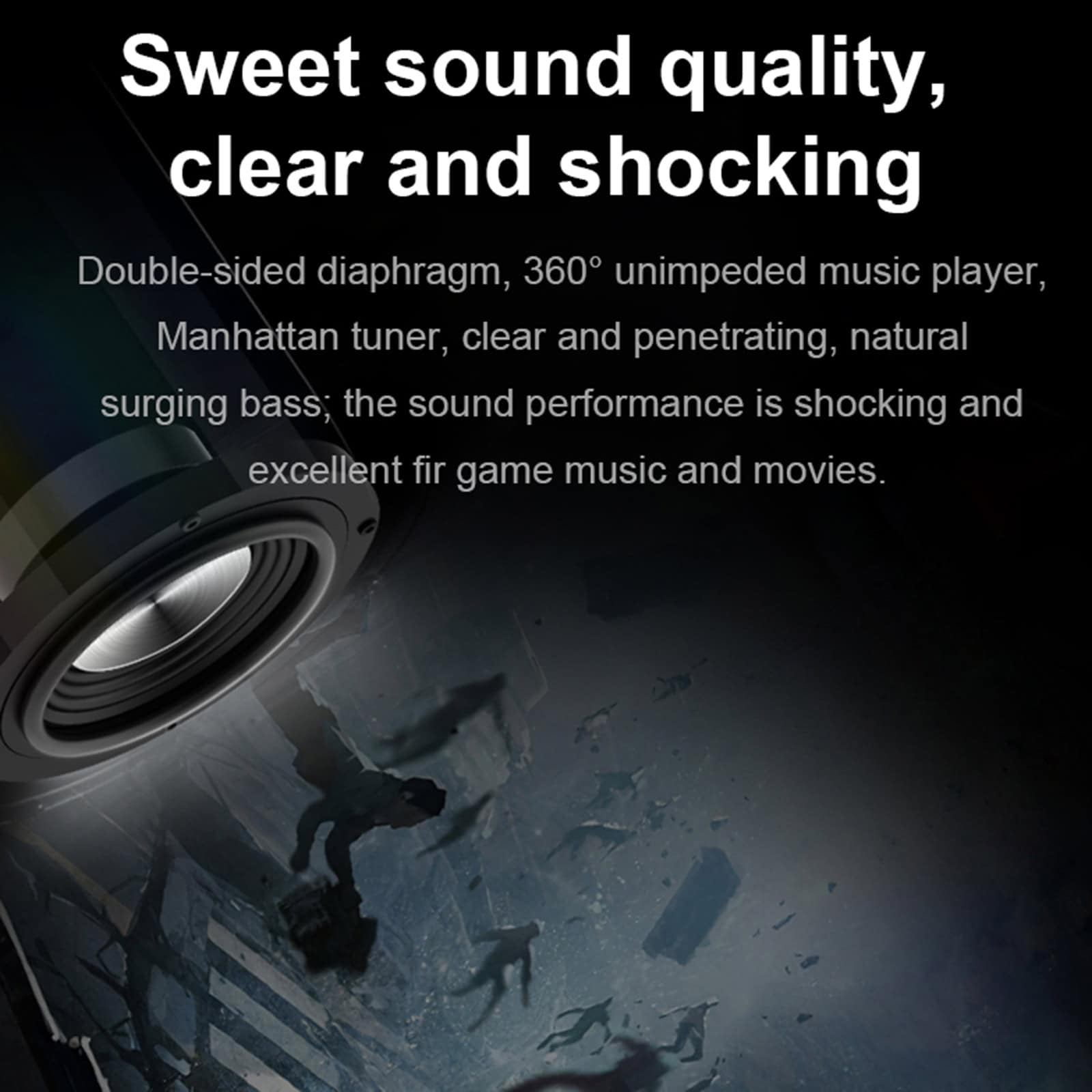 High-quality wireless Bluetooth speaker with 360° sound, durable design, and clear audio for gaming, movies, and music enjoyment.