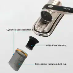 Powerful handheld vacuum with cyclone dust separation, HEPA filter, and transparent dust cup for optimal cleaning. Compact and efficient design ideal for home and car cleaning.