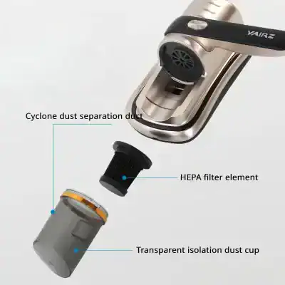 Powerful handheld vacuum with cyclone dust separation, HEPA filter, and transparent dust cup for optimal cleaning. Compact and efficient design ideal for home and car cleaning.