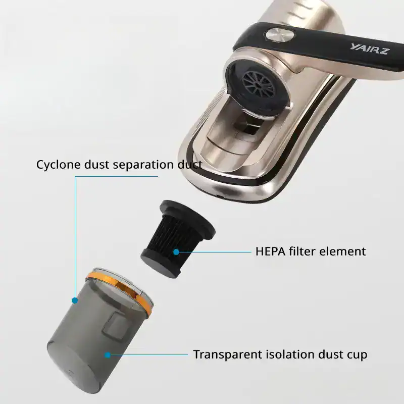 Powerful handheld vacuum with cyclone dust separation, HEPA filter, and transparent dust cup for optimal cleaning. Compact and efficient design ideal for home and car cleaning.