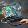 Futuristic laptop with digital weather and data overlays, showcasing technological advancements in health and optometry.