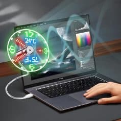 Futuristic laptop with digital weather and data overlays, showcasing technological advancements in health and optometry.