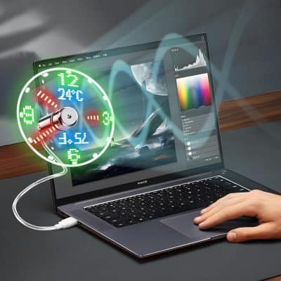 Futuristic laptop with digital weather and data overlays, showcasing technological advancements in health and optometry.