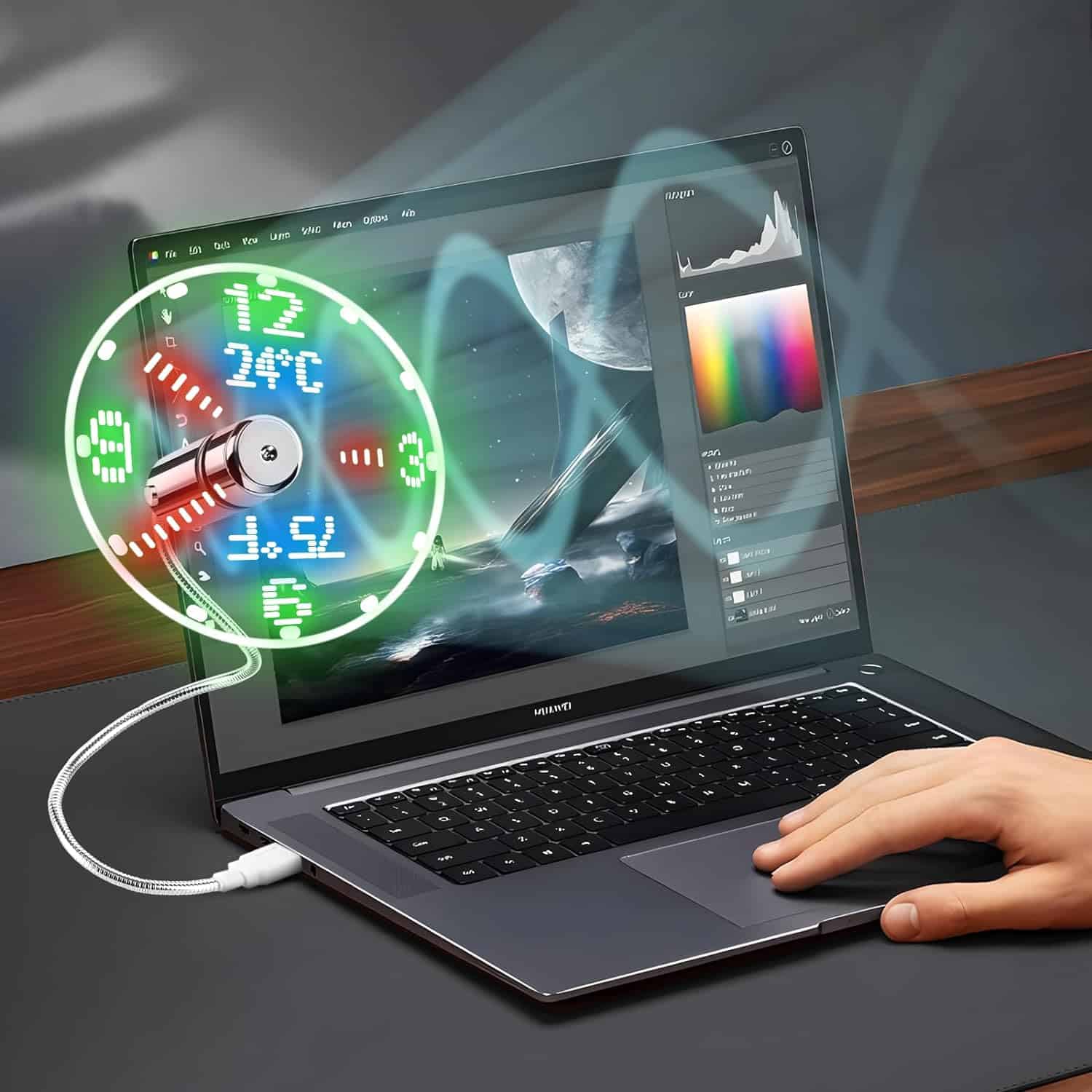 Futuristic laptop with digital weather and data overlays, showcasing technological advancements in health and optometry.