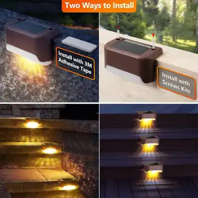 Outdoor solar stair lights, waterproof LED step lights, solar-powered landscape lights, easy installation, energy-efficient, perfect for yard steps, gardens, decks, pathways, and home security lighting.