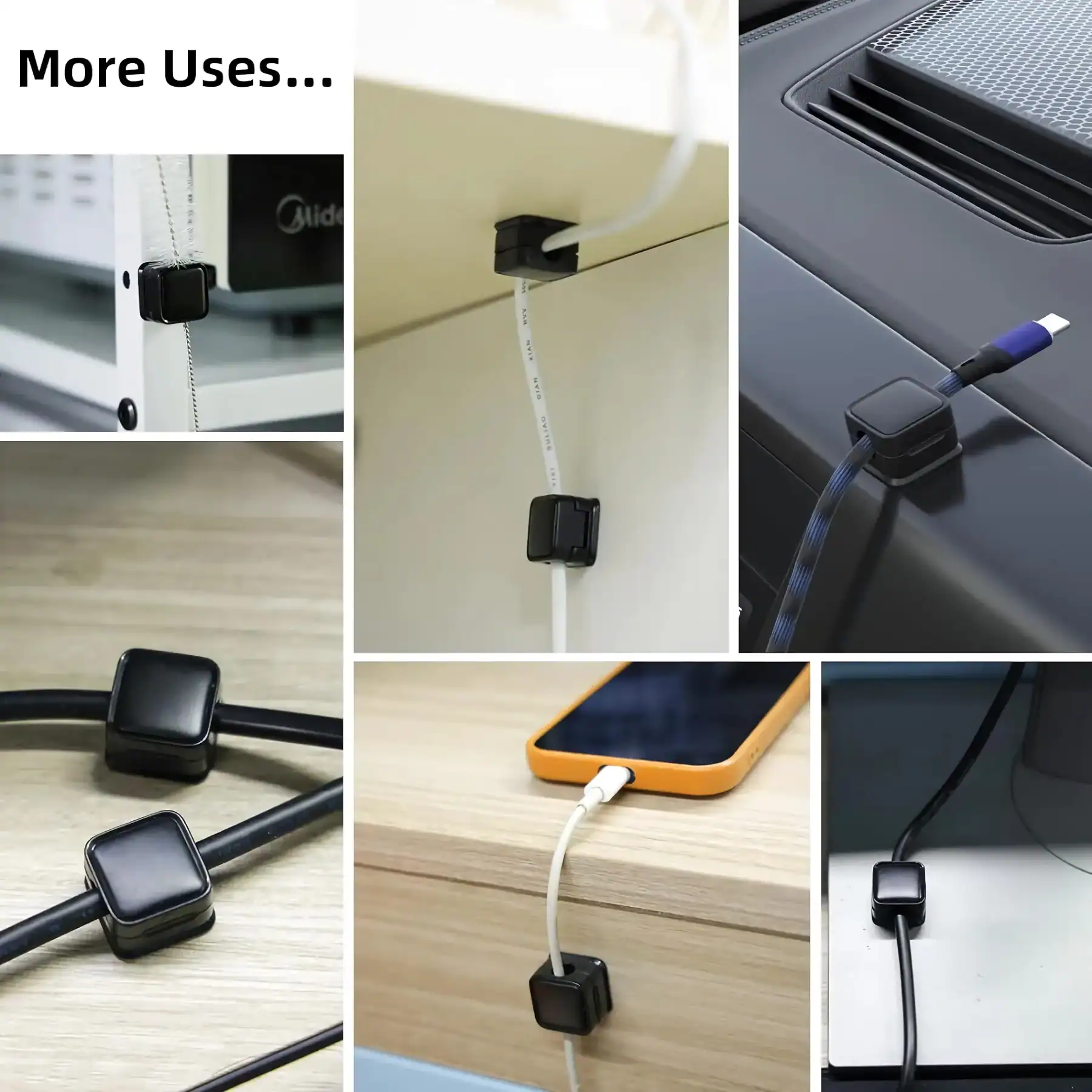 Versatile cable clip solution for organizing and securing charging cables, USB cords, and power lines in vehicles, offices, and homes for improved safety and neatness.