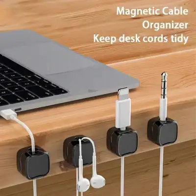 Magnetic desk cable holder keeps cords tidy and organized, ideal for workspace decluttering. Suitable for charging cables, earbuds, and audio jacks to maintain a clutter-free desk.