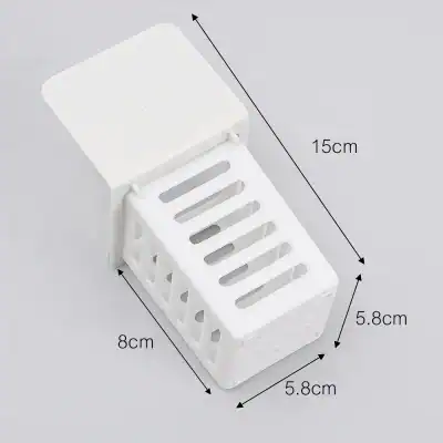 Durable white plastic storage box with ventilation slots, perfect for eyewear and optometry tools. Compact design measuring 15cm x 8cm x 5.8cm for efficient organization.