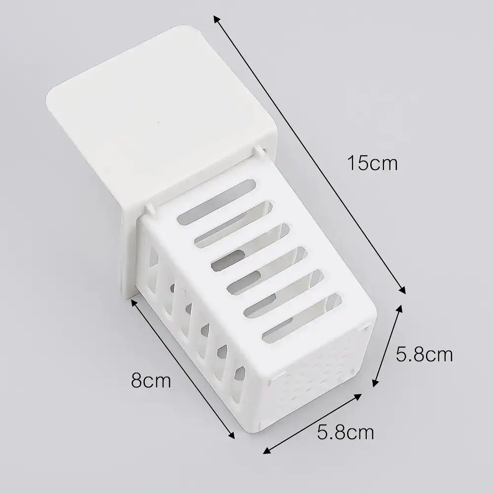 Durable white plastic storage box with ventilation slots, perfect for eyewear and optometry tools. Compact design measuring 15cm x 8cm x 5.8cm for efficient organization.