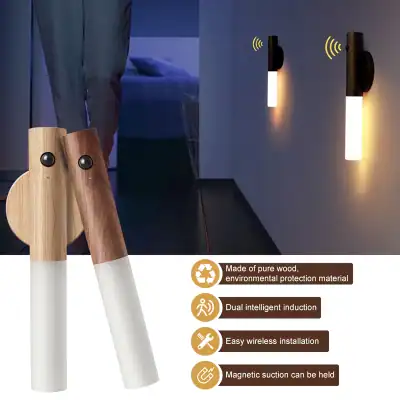 Wireless smart bedside lamps with dual intelligent induction, eco-friendly wooden design, easy installation, and magnetic suction for convenience.