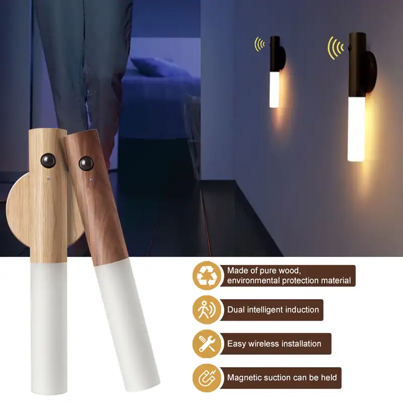 Wireless smart bedside lamps with dual intelligent induction, eco-friendly wooden design, easy installation, and magnetic suction for convenience.