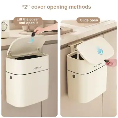 Modern kick pedal trash can for kitchen and home use. Easy to open with foot pedal or slide lid. Compact design ideal for sorting waste efficiently. Durable and stylish for daily waste management.