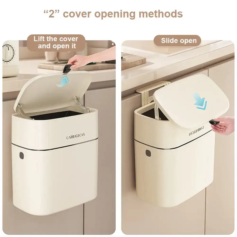 Modern kick pedal trash can for kitchen and home use. Easy to open with foot pedal or slide lid. Compact design ideal for sorting waste efficiently. Durable and stylish for daily waste management.