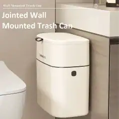Modern wall-mounted trash can for bathroom organization and hygiene. Space-saving design with easy lid access, perfect for clean and clutter-free spaces.