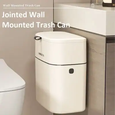 Modern wall-mounted trash can for bathroom organization and hygiene. Space-saving design with easy lid access, perfect for clean and clutter-free spaces.