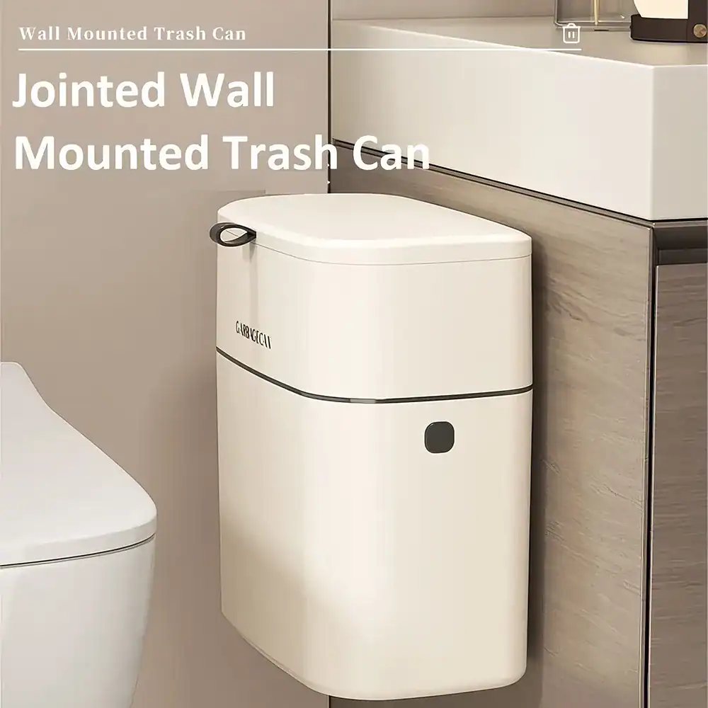 Modern wall-mounted trash can for bathroom organization and hygiene. Space-saving design with easy lid access, perfect for clean and clutter-free spaces.