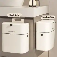 Modern waste bins showcasing hook and traceless styles, ideal for organized, stylish spaces. Perfect for home or professional use with sleek, compact designs.
