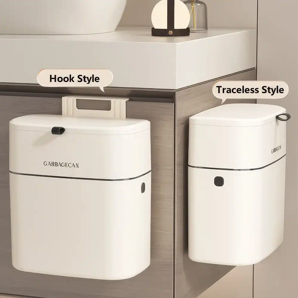 Modern waste bins showcasing hook and traceless styles, ideal for organized, stylish spaces. Perfect for home or professional use with sleek, compact designs.