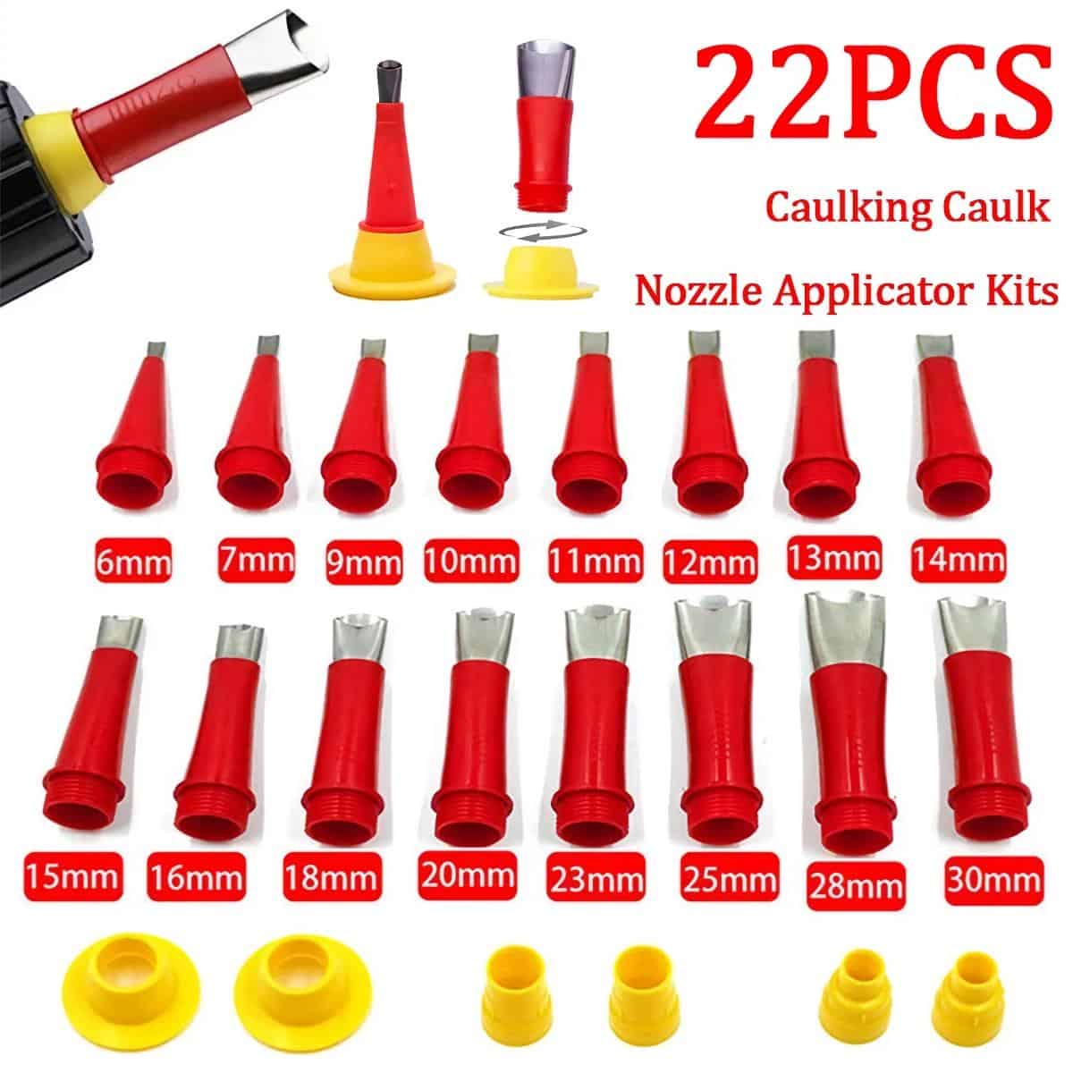 2. Red caulking nozzle applicator kits with 22 pieces in various sizes for precise sealant application, suitable for home improvement, crafts, and automotive use.