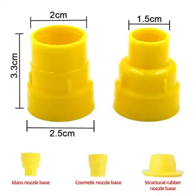 Yellow plastic eye dropper tips with measurements and different nozzle bases. Ideal for precise eye medication application, compatible with glass, cosmetic, and rubber nozzles for medical and optical purposes.