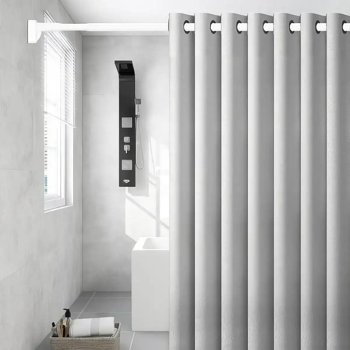 Elegant bathroom shower with white curtains, black shower panel, and minimalist decor, creating a clean and contemporary look for home or spa settings.