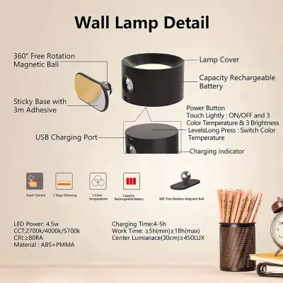Stylish wall lamp featuring magnetic ball rotation, touch control, 3 color temperatures, and dimming options. Rechargeable LED wall light ideal for ambient lighting, energy efficiency, and modern home design.