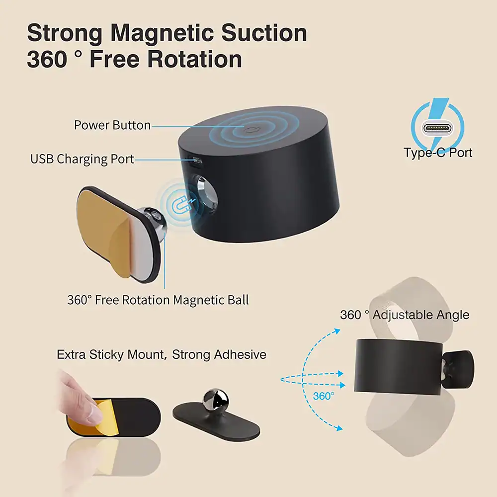 Strong magnetic suction, 360-degree free rotation, for iPhone and Android devices, with USB charging port and adjustable angle for car or desk use.