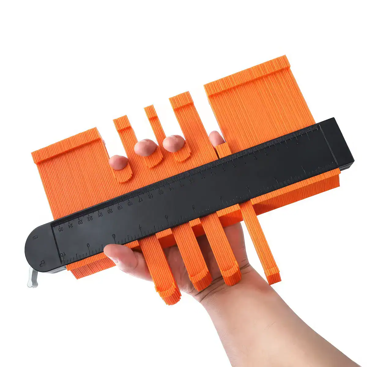 Bright orange sunglass frame ruler for precise measurements of eyewear size in optical stores and for custom fitting.