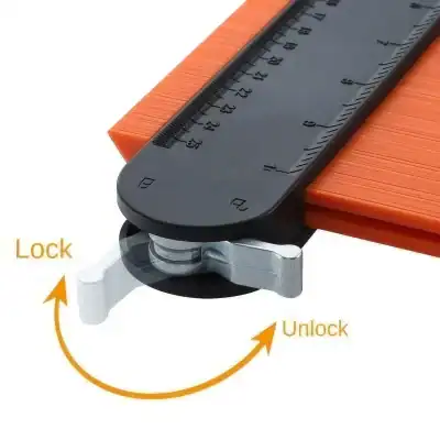 Close-up image of a digital cutting ruler showcasing a locking and unlocking feature for precise measurement, ideal for optometry and medical instrument calibration.
