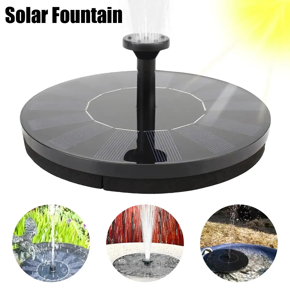 Decorative solar-powered water fountain for outdoor spaces.