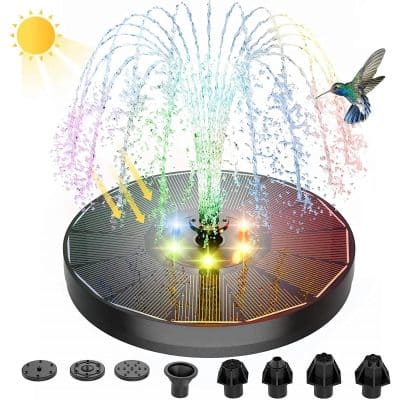 Colorful outdoor LED fountain featuring water sprays and a hummingbird decoration, ideal for garden decor and relaxation. Includes multiple nozzles for customizable water display.