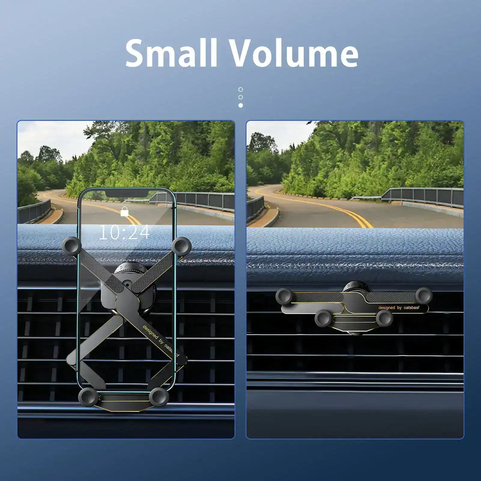 Adjustable car phone mount for air vents, compatible with smartphones, easy to install, secure grip, perfect for driving safety, small size, lightweight, enhances driving convenience.