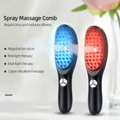 Digital image of a spray massage comb with blue and red light therapy, negative ion spray, and vibration massage features for improved scalp health.