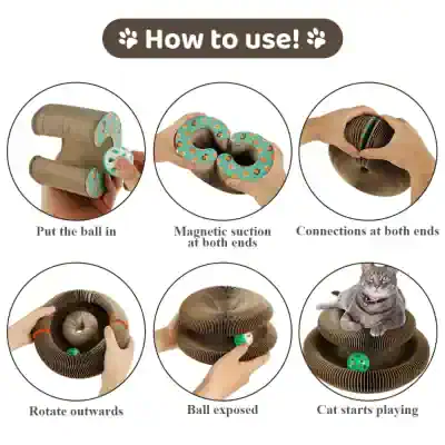 Interactive cat toy puzzle with balls, magnetic suction, and engaging connections for cats to chase and play.