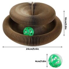 Durable cardboard cat toy with a ball for interactive play and mental stimulation. Perfect for keeping cats active, engaged, and entertained indoors or outdoors.