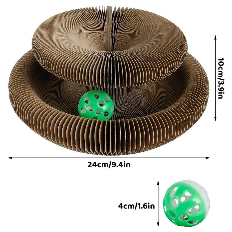 Durable cardboard cat toy with a ball for interactive play and mental stimulation. Perfect for keeping cats active, engaged, and entertained indoors or outdoors.