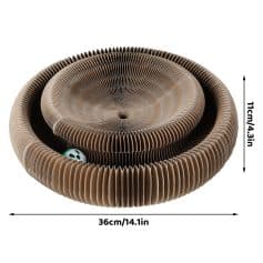 Durable corrugated cardboard cat toy with a circular design, measuring 36cm in diameter and 11cm in height, designed to stimulate cats’ natural hunting instincts and provide endless entertainment.