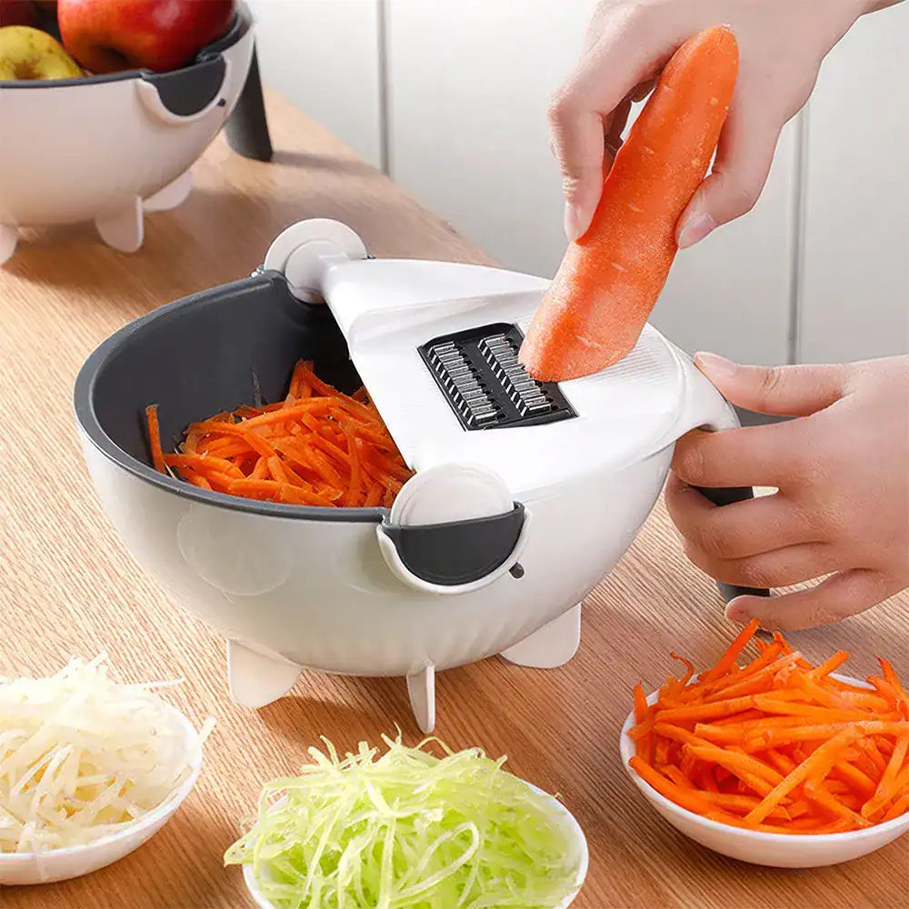A compact vegetable chopper grating carrots quickly for salads. Ideal for preparing fresh, healthy meals with easy-to-use features. Perfect kitchen tool for quick vegetable processing.