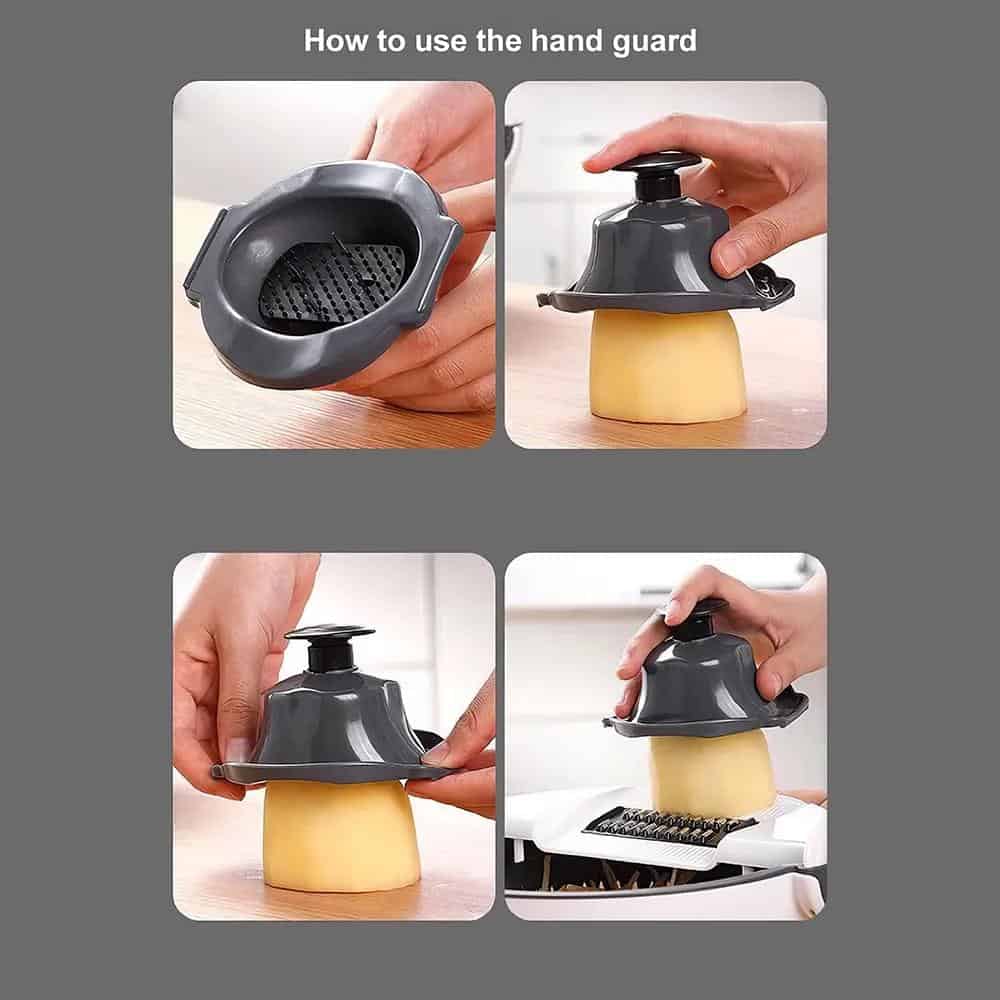 A versatile kitchen hand guard used for food preparation, protecting fingers from cuts and ensuring safety when handling slicing or chopping tasks.