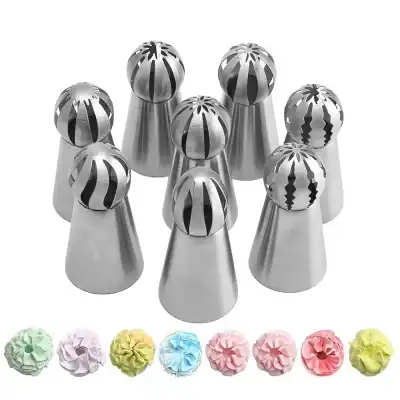 Stainless steel cake decorating nozzles for piping icing, frosting, and creating intricate cake designs. Perfect for bakers, pastry chefs, and cake decorating enthusiasts. High-quality, durable, and easy to clean.