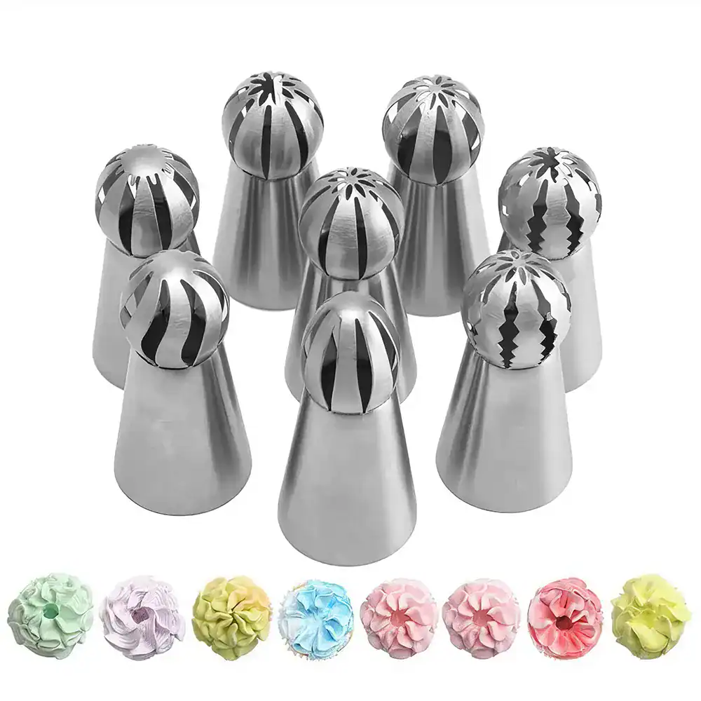 Stainless steel cake decorating nozzles for piping icing, frosting, and creating intricate cake designs. Perfect for bakers, pastry chefs, and cake decorating enthusiasts. High-quality, durable, and easy to clean.