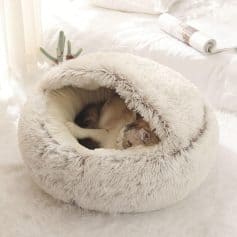 Soft plush cat bed with a rounded design perfect for small cats and kittens to rest comfortably indoors. Provides warmth and security, ideal for relaxing and napping.