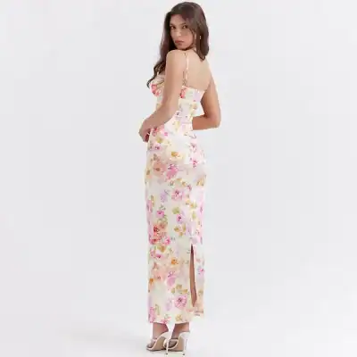 Long floral dress with elegant design and high slit, perfect for summer or special occasions, available at Monalisa Store for stylish and comfortable fashion.