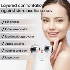 Facial skin care device with dual massage rollers to enhance relaxation, reduce fat cheeks, and tighten loose lower collars for improved skin appearance.